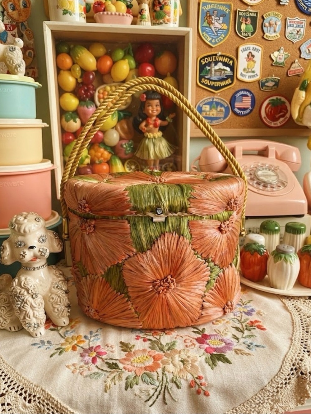 Peach Floral Straw Top-Handle Hat Box with Green Accents